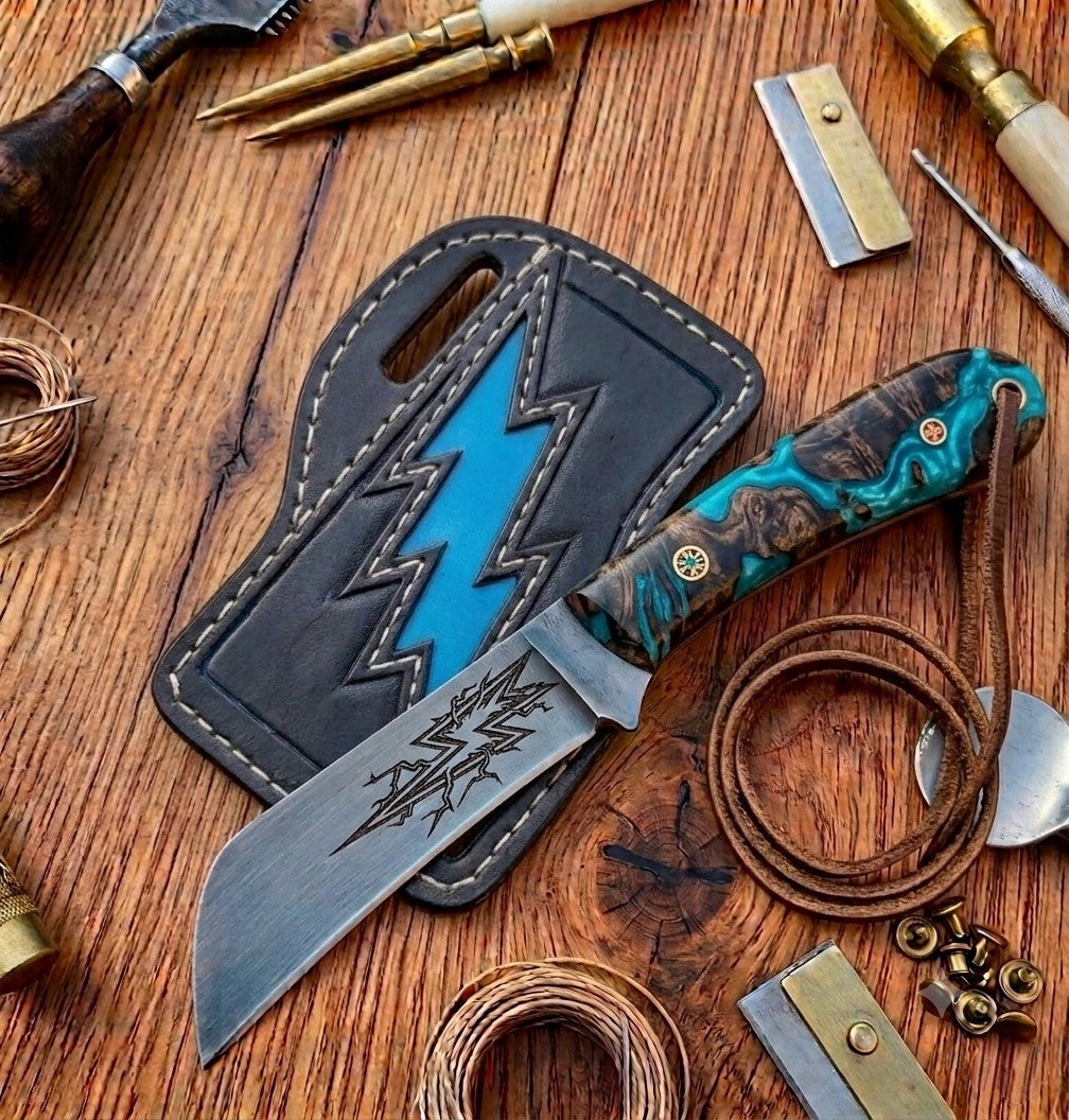 Lineman Hawkbill knife with leather sheath #010