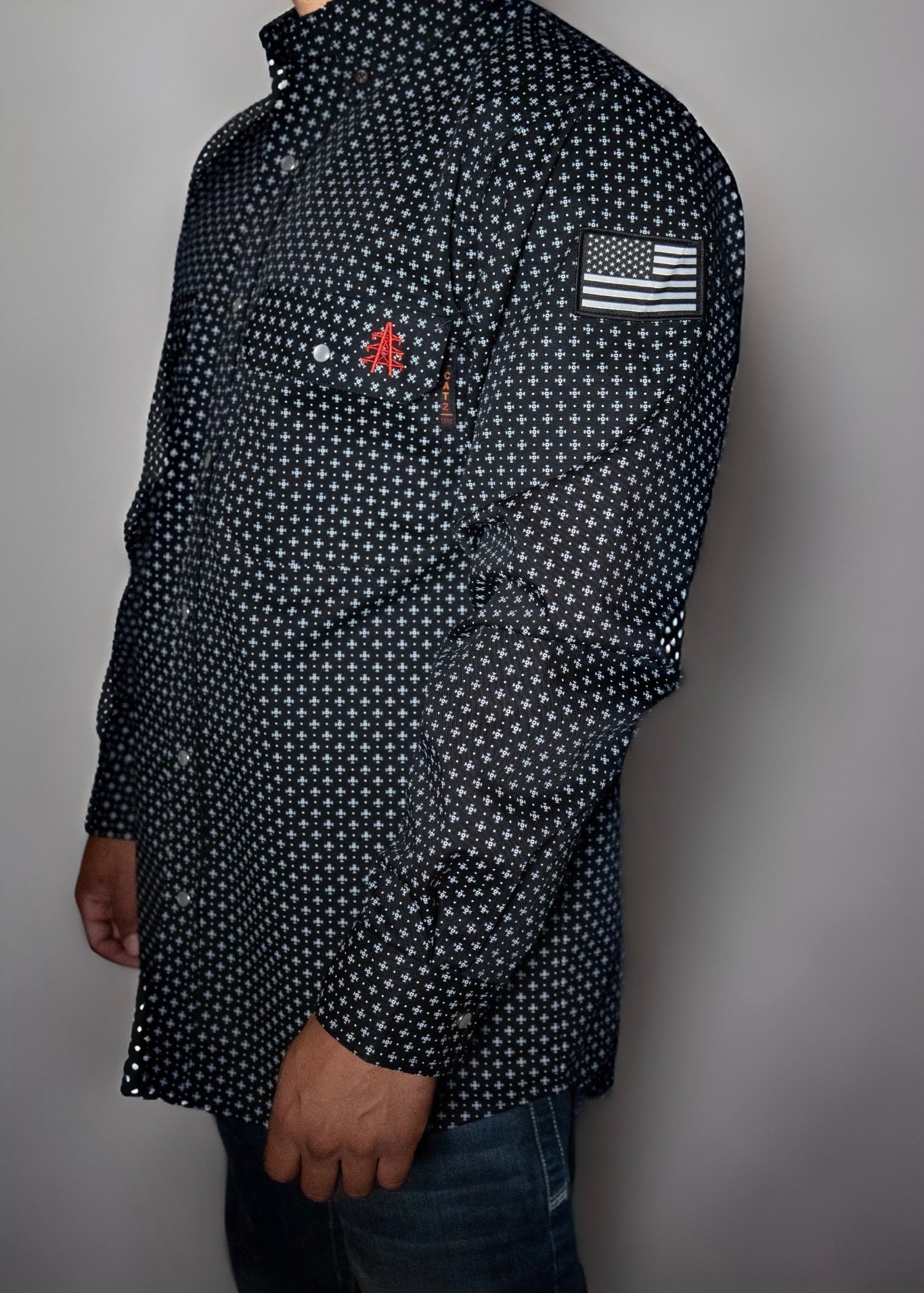 FR Pearl Snap Work Shirt - Reaper Black - With U.S Flag